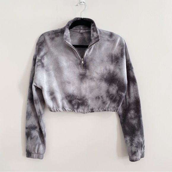 Garage Sweaters - Garage Cropped Grey Tie Dye Quarter Zip Sweater